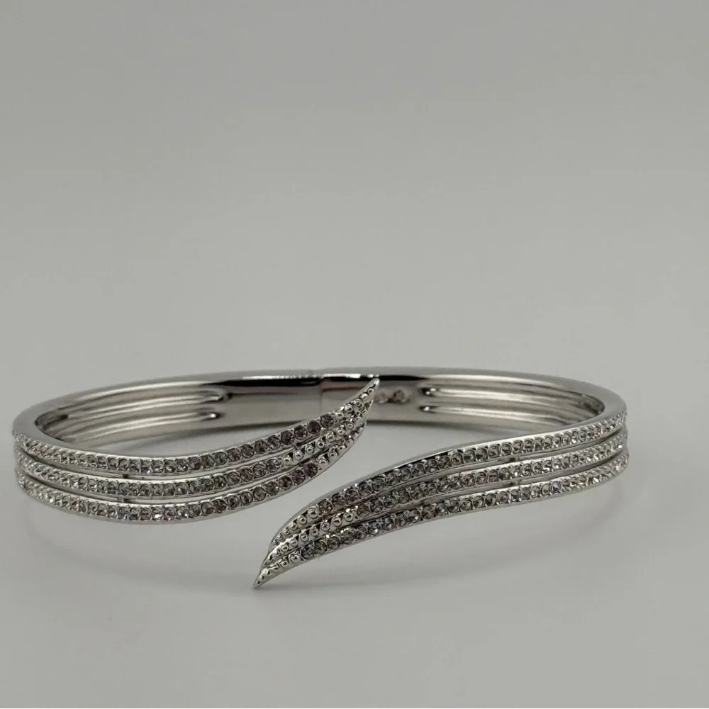 NADRI Silver Tone Crystal Pavé Hinged Cuff Bracelet Wrap Bangle Statement